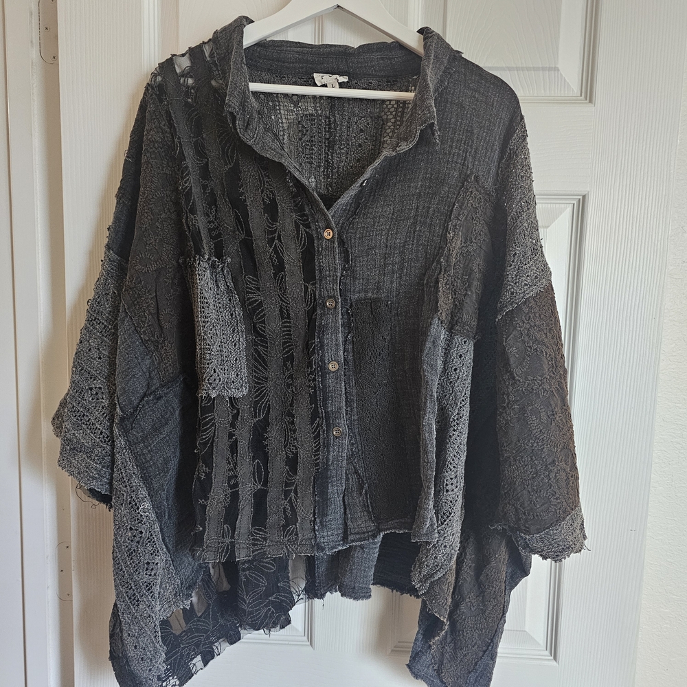 POL  Bohemian Black and Gray Patchwork Blouse